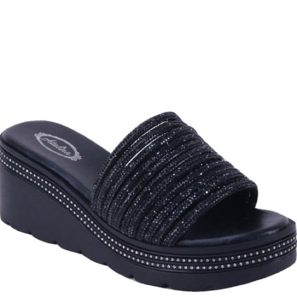 3 Left Italina Black Platform Rhinestone Embellished Wedge Slide-In Sandal - Picture 4 of 7